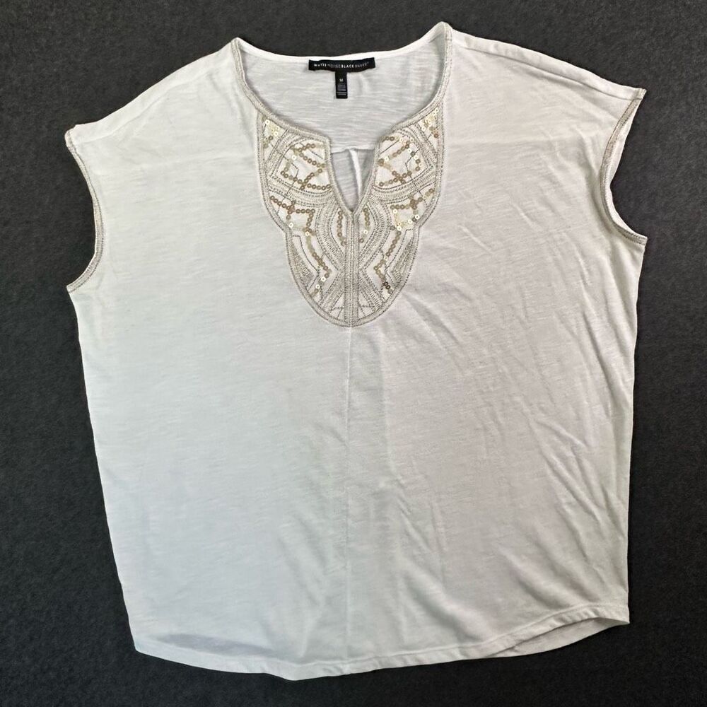 White House Black Market Draped Metallic Embellished Split Neck Knit Top Womens‎